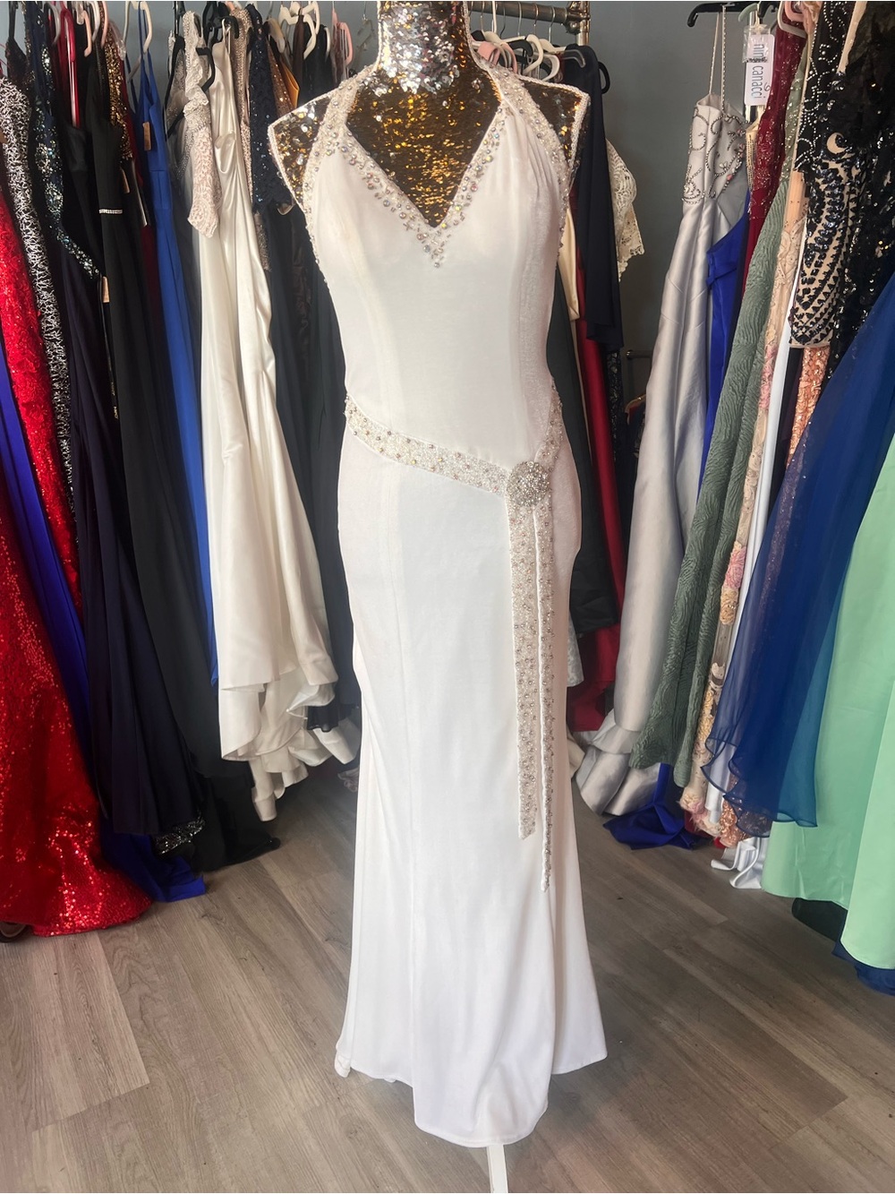 Elegant White Beaded Halter Evening Dress